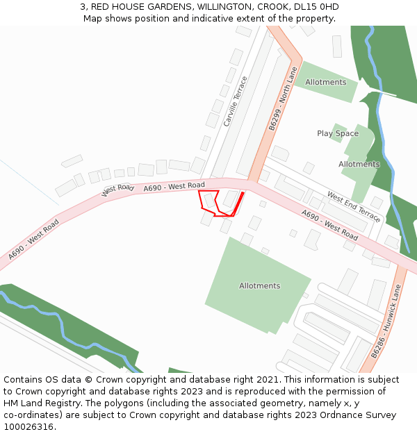 3, RED HOUSE GARDENS, WILLINGTON, CROOK, DL15 0HD: Location map and indicative extent of plot