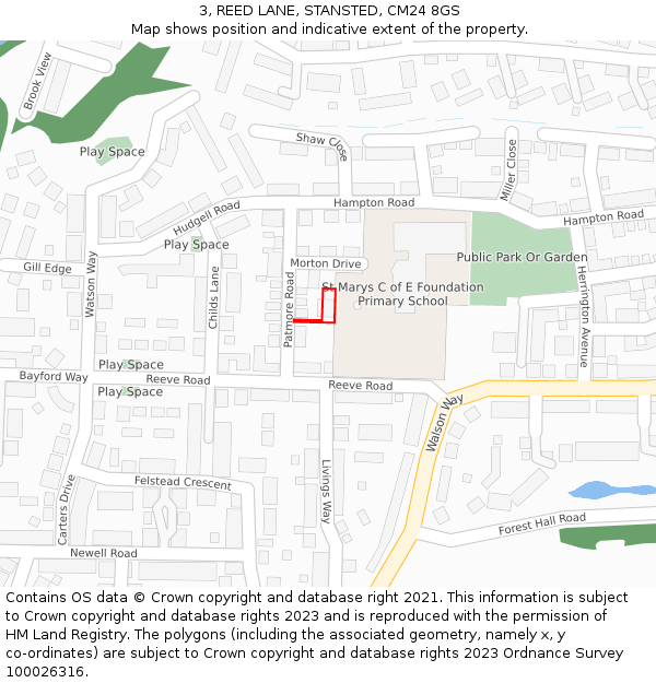 3, REED LANE, STANSTED, CM24 8GS: Location map and indicative extent of plot