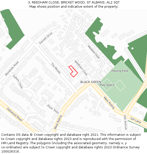 3, REEDHAM CLOSE, BRICKET WOOD, ST ALBANS, AL2 3QT: Location map and indicative extent of plot