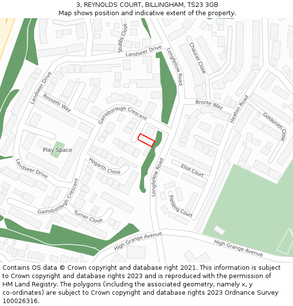 3, REYNOLDS COURT, BILLINGHAM, TS23 3GB: Location map and indicative extent of plot