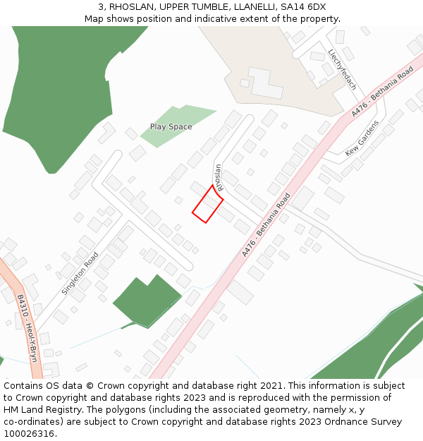 3, RHOSLAN, UPPER TUMBLE, LLANELLI, SA14 6DX: Location map and indicative extent of plot