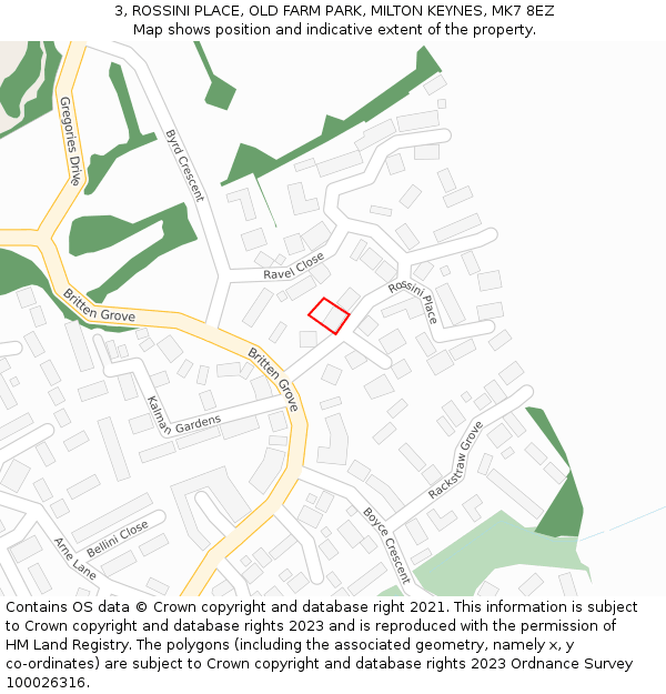 3, ROSSINI PLACE, OLD FARM PARK, MILTON KEYNES, MK7 8EZ: Location map and indicative extent of plot