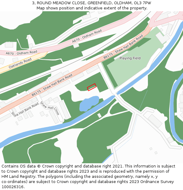 3, ROUND MEADOW CLOSE, GREENFIELD, OLDHAM, OL3 7PW: Location map and indicative extent of plot