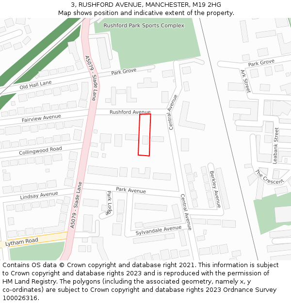 3, RUSHFORD AVENUE, MANCHESTER, M19 2HG: Location map and indicative extent of plot