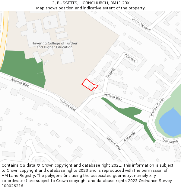 3, RUSSETTS, HORNCHURCH, RM11 2RX: Location map and indicative extent of plot