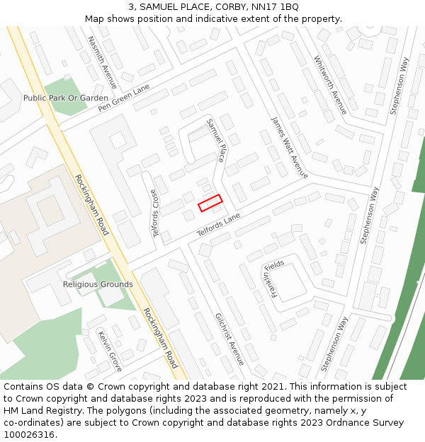 3, SAMUEL PLACE, CORBY, NN17 1BQ: Location map and indicative extent of plot