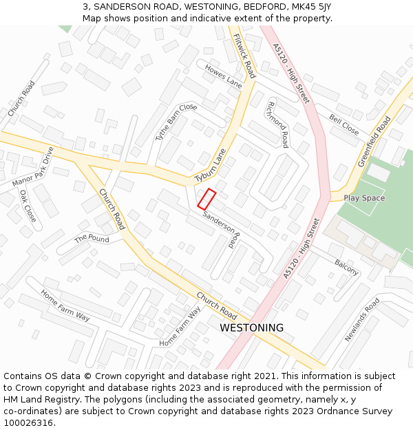 3, SANDERSON ROAD, WESTONING, BEDFORD, MK45 5JY: Location map and indicative extent of plot