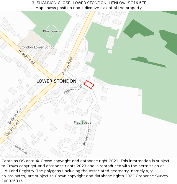 3, SHANNON CLOSE, LOWER STONDON, HENLOW, SG16 6EF: Location map and indicative extent of plot