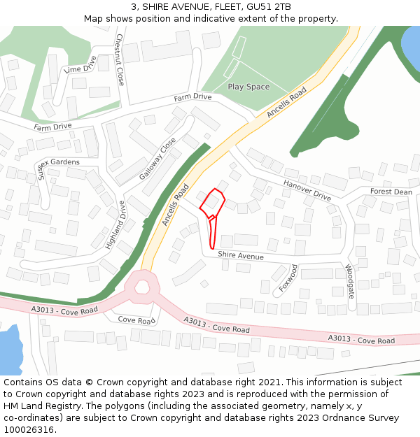 3, SHIRE AVENUE, FLEET, GU51 2TB: Location map and indicative extent of plot