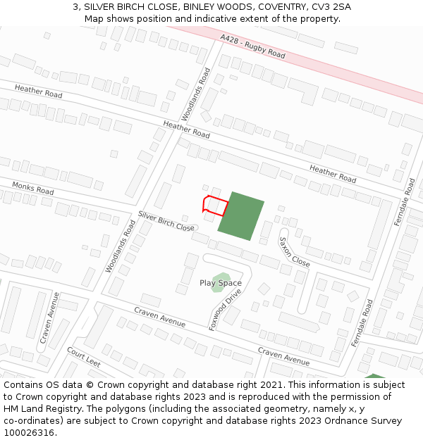 3, SILVER BIRCH CLOSE, BINLEY WOODS, COVENTRY, CV3 2SA: Location map and indicative extent of plot