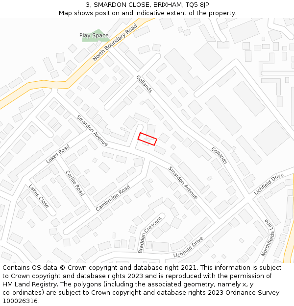 3, SMARDON CLOSE, BRIXHAM, TQ5 8JP: Location map and indicative extent of plot