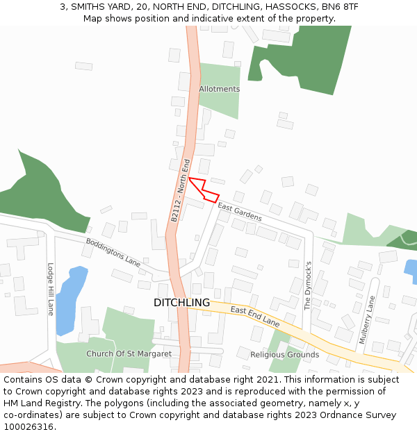 3, SMITHS YARD, 20, NORTH END, DITCHLING, HASSOCKS, BN6 8TF: Location map and indicative extent of plot