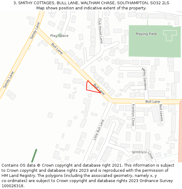 3, SMITHY COTTAGES, BULL LANE, WALTHAM CHASE, SOUTHAMPTON, SO32 2LS: Location map and indicative extent of plot