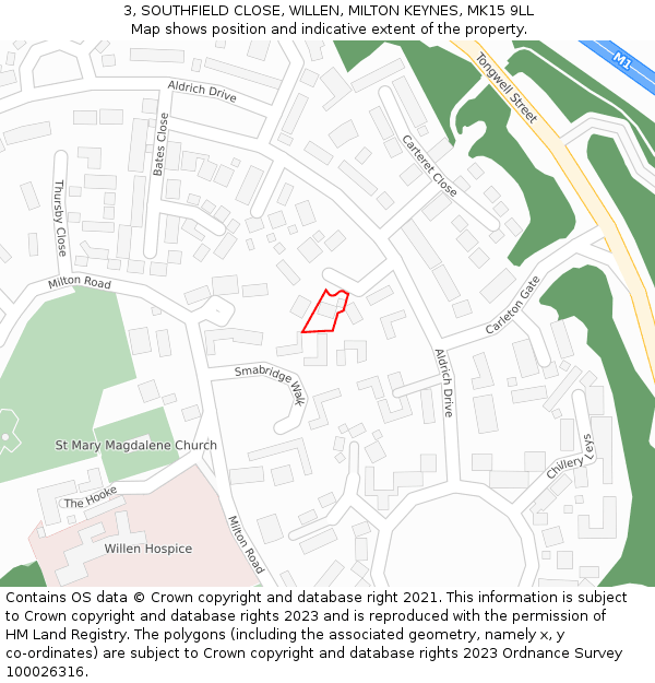 3, SOUTHFIELD CLOSE, WILLEN, MILTON KEYNES, MK15 9LL: Location map and indicative extent of plot