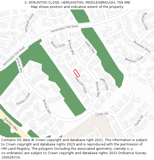 3, SPAUNTON CLOSE, HEMLINGTON, MIDDLESBROUGH, TS8 9RE: Location map and indicative extent of plot