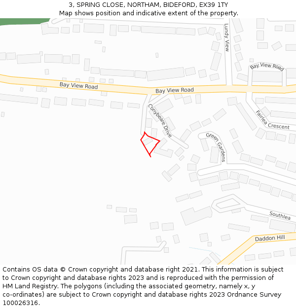 3, SPRING CLOSE, NORTHAM, BIDEFORD, EX39 1TY: Location map and indicative extent of plot