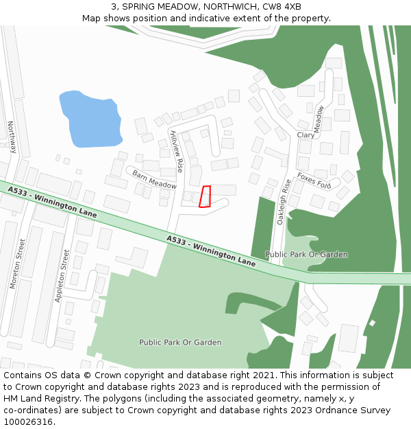 3, SPRING MEADOW, NORTHWICH, CW8 4XB: Location map and indicative extent of plot