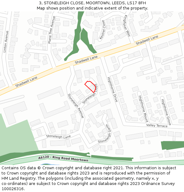 3, STONELEIGH CLOSE, MOORTOWN, LEEDS, LS17 8FH: Location map and indicative extent of plot