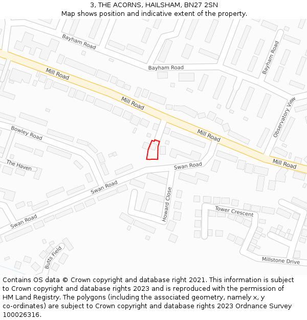 3, THE ACORNS, HAILSHAM, BN27 2SN: Location map and indicative extent of plot