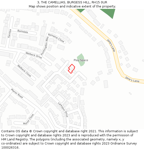 3, THE CAMELLIAS, BURGESS HILL, RH15 0UR: Location map and indicative extent of plot