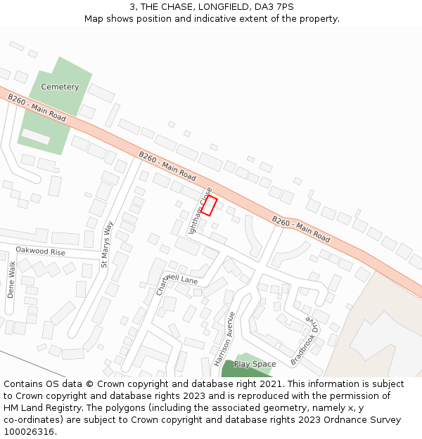 3, THE CHASE, LONGFIELD, DA3 7PS: Location map and indicative extent of plot