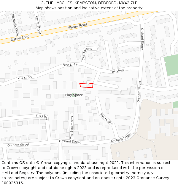 3, THE LARCHES, KEMPSTON, BEDFORD, MK42 7LP: Location map and indicative extent of plot