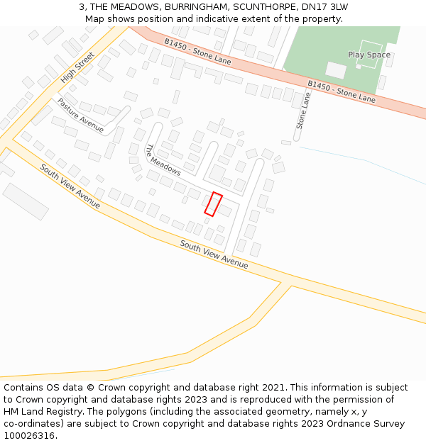 3, THE MEADOWS, BURRINGHAM, SCUNTHORPE, DN17 3LW: Location map and indicative extent of plot