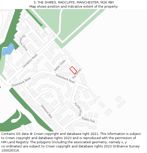 3, THE SHIRES, RADCLIFFE, MANCHESTER, M26 4BY: Location map and indicative extent of plot