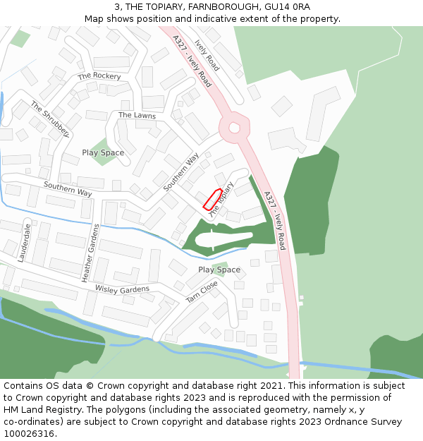 3, THE TOPIARY, FARNBOROUGH, GU14 0RA: Location map and indicative extent of plot