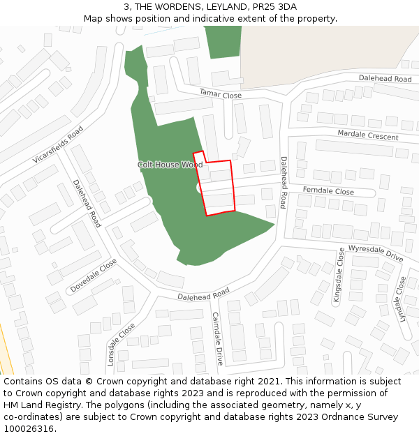 3, THE WORDENS, LEYLAND, PR25 3DA: Location map and indicative extent of plot