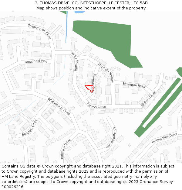 3, THOMAS DRIVE, COUNTESTHORPE, LEICESTER, LE8 5AB: Location map and indicative extent of plot