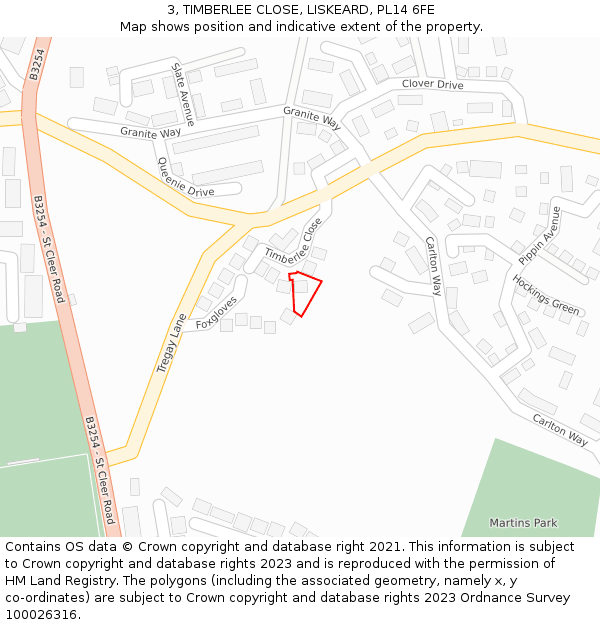 3, TIMBERLEE CLOSE, LISKEARD, PL14 6FE: Location map and indicative extent of plot