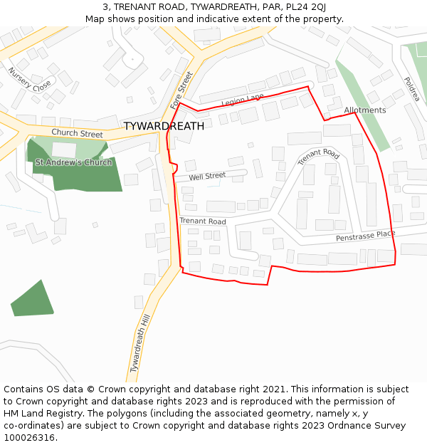 3, TRENANT ROAD, TYWARDREATH, PAR, PL24 2QJ: Location map and indicative extent of plot