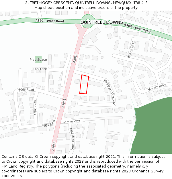 3, TRETHIGGEY CRESCENT, QUINTRELL DOWNS, NEWQUAY, TR8 4LF: Location map and indicative extent of plot