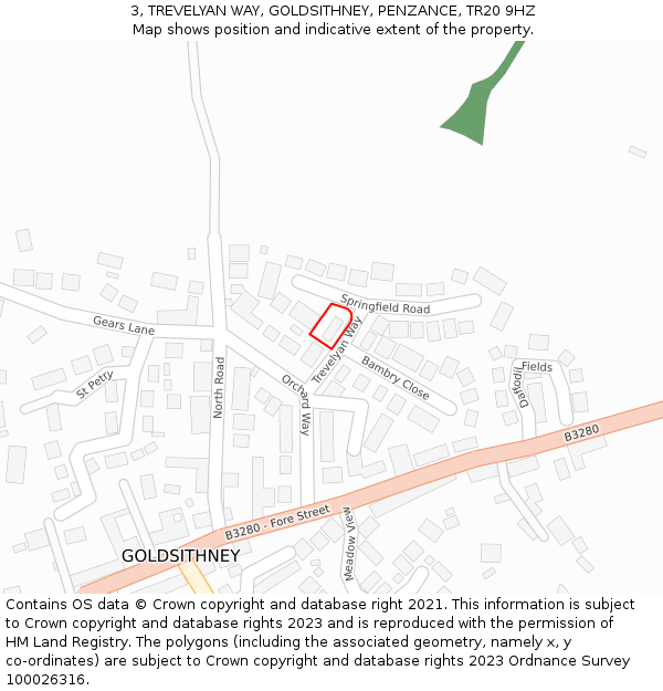 3, TREVELYAN WAY, GOLDSITHNEY, PENZANCE, TR20 9HZ: Location map and indicative extent of plot