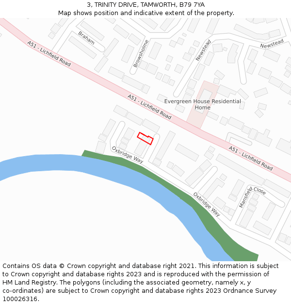 3, TRINITY DRIVE, TAMWORTH, B79 7YA: Location map and indicative extent of plot