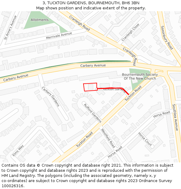 3, TUCKTON GARDENS, BOURNEMOUTH, BH6 3BN: Location map and indicative extent of plot