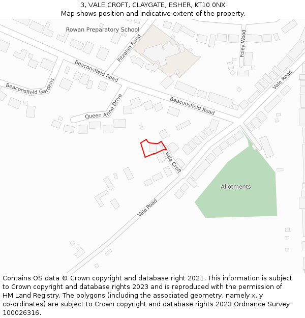 3, VALE CROFT, CLAYGATE, ESHER, KT10 0NX: Location map and indicative extent of plot