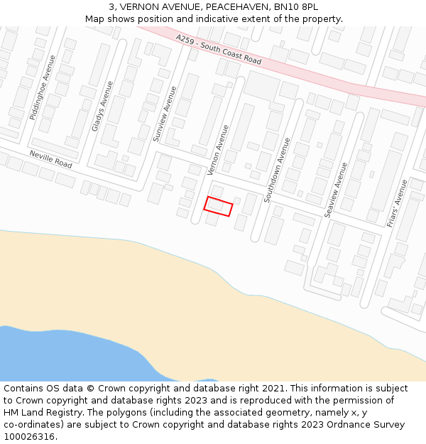 3, VERNON AVENUE, PEACEHAVEN, BN10 8PL: Location map and indicative extent of plot