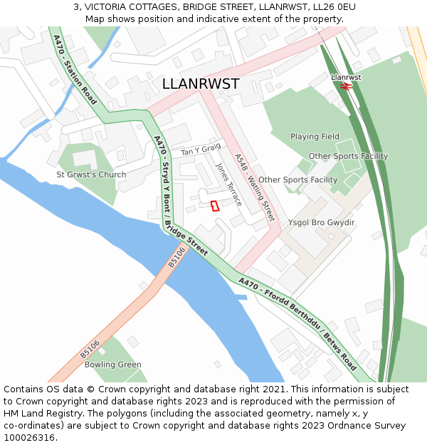 3, VICTORIA COTTAGES, BRIDGE STREET, LLANRWST, LL26 0EU: Location map and indicative extent of plot