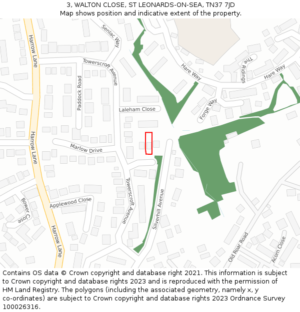 3, WALTON CLOSE, ST LEONARDS-ON-SEA, TN37 7JD: Location map and indicative extent of plot