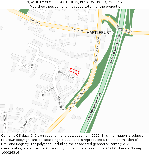 3, WHITLEY CLOSE, HARTLEBURY, KIDDERMINSTER, DY11 7TY: Location map and indicative extent of plot