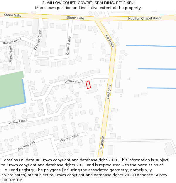 3, WILLOW COURT, COWBIT, SPALDING, PE12 6BU: Location map and indicative extent of plot