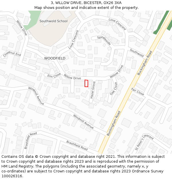 3, WILLOW DRIVE, BICESTER, OX26 3XA: Location map and indicative extent of plot