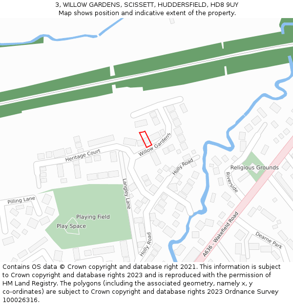 3, WILLOW GARDENS, SCISSETT, HUDDERSFIELD, HD8 9UY: Location map and indicative extent of plot