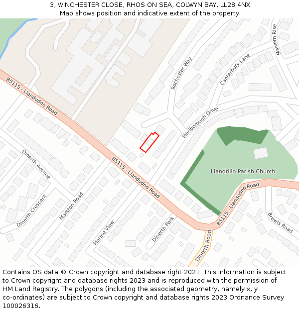 3, WINCHESTER CLOSE, RHOS ON SEA, COLWYN BAY, LL28 4NX: Location map and indicative extent of plot