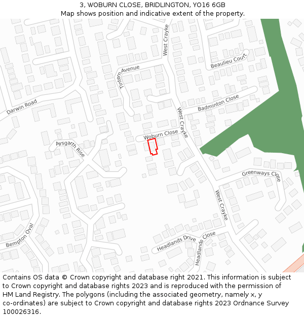 3, WOBURN CLOSE, BRIDLINGTON, YO16 6GB: Location map and indicative extent of plot