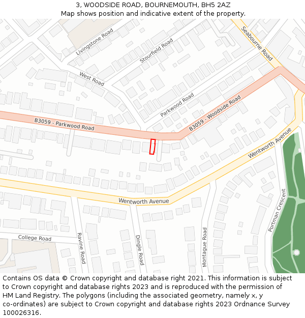 3, WOODSIDE ROAD, BOURNEMOUTH, BH5 2AZ: Location map and indicative extent of plot