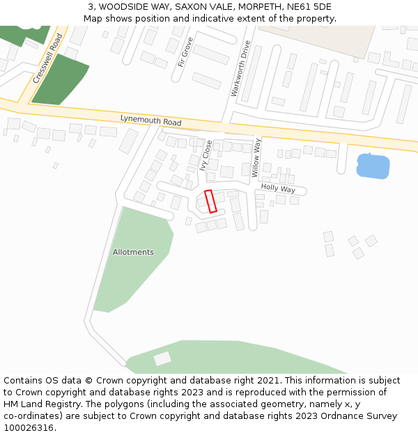 3, WOODSIDE WAY, SAXON VALE, MORPETH, NE61 5DE: Location map and indicative extent of plot