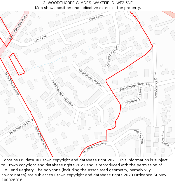 3, WOODTHORPE GLADES, WAKEFIELD, WF2 6NF: Location map and indicative extent of plot